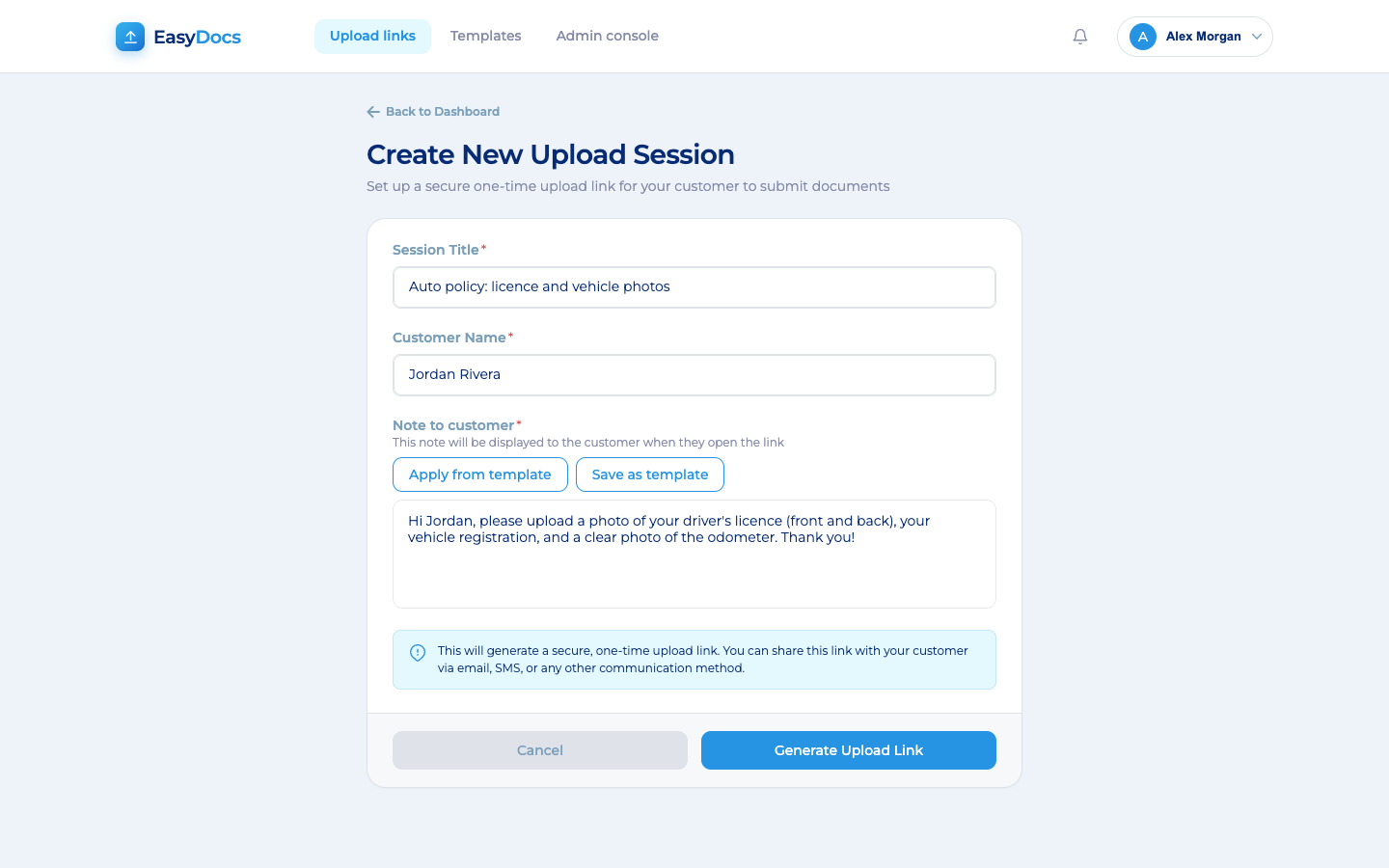 Creating an upload request in EasyDocs with a note to the customer