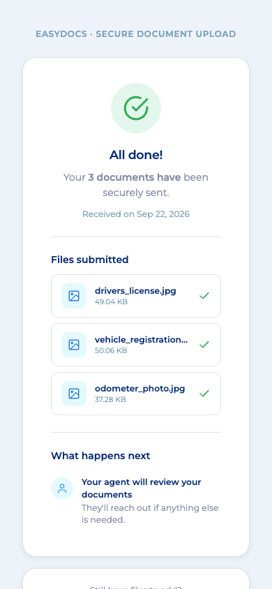The EasyDocs confirmation screen listing the files a customer sent