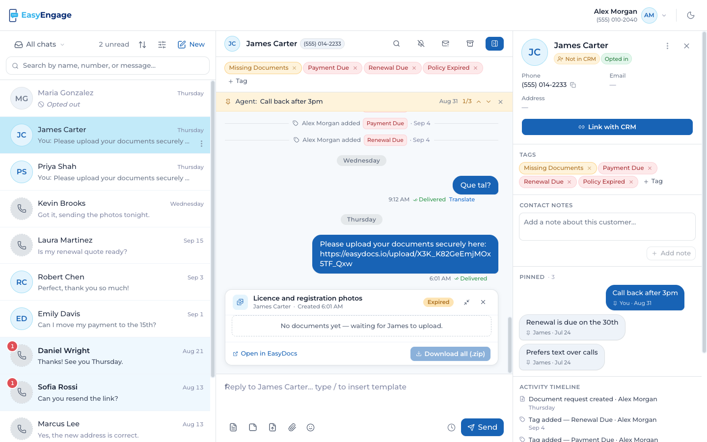 The EasyEngage inbox with a customer conversation, tags, pinned notes and contact details