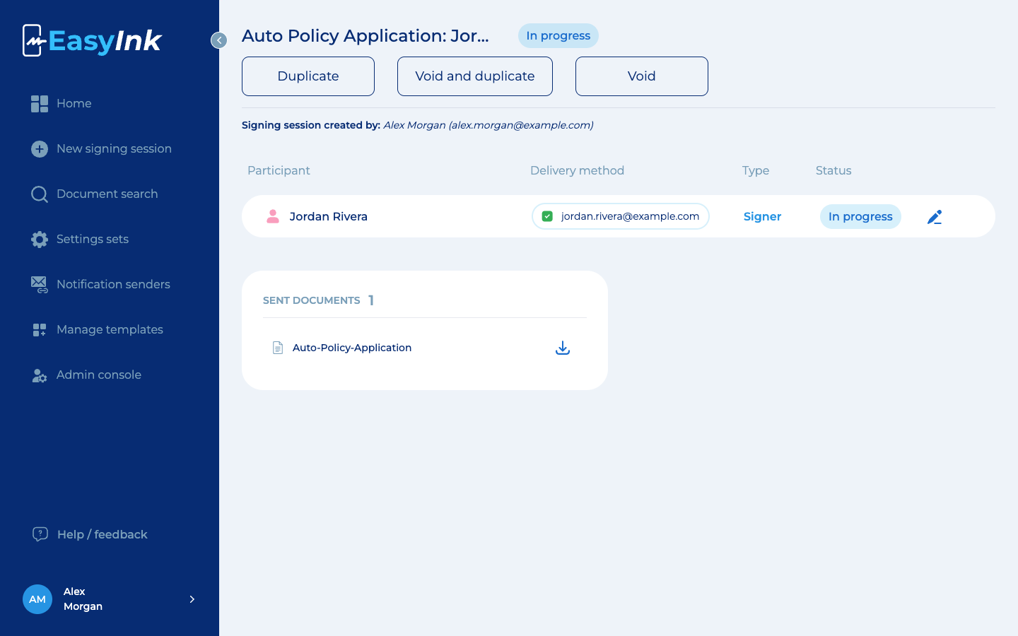 An EasyInk package in progress with the signer status and sent documents